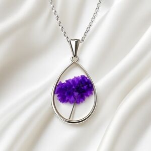 Purple Dried Floral Teardrop Resin Pendant Necklace Botanical Minimalist Jewelry